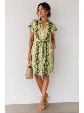 Piazza del tempo linen dress shirt dress midi snake print green sz sm summer